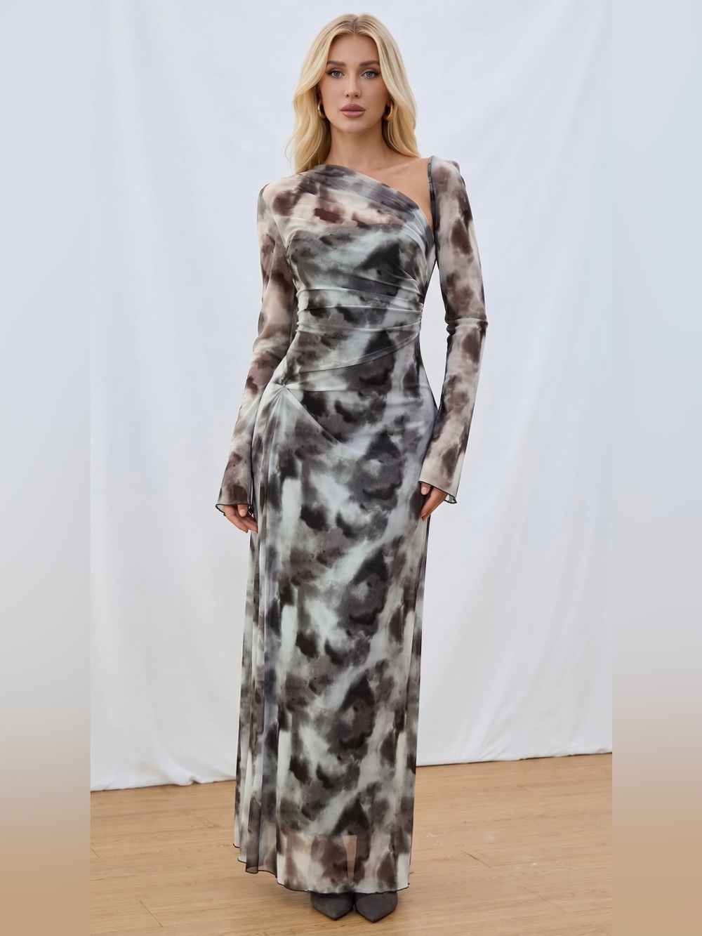 Asymmetrical One-Shoulder Maxi Dress in Charcoal Tie-Dye